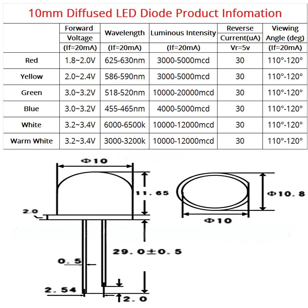 50 Uds blanco rojo verde azul amarillo 10mm lámpara de diodo Ultra brillante agua clara difusa 8000MCD 1,9 ~ 3,4 V diodos emisores luz DIY