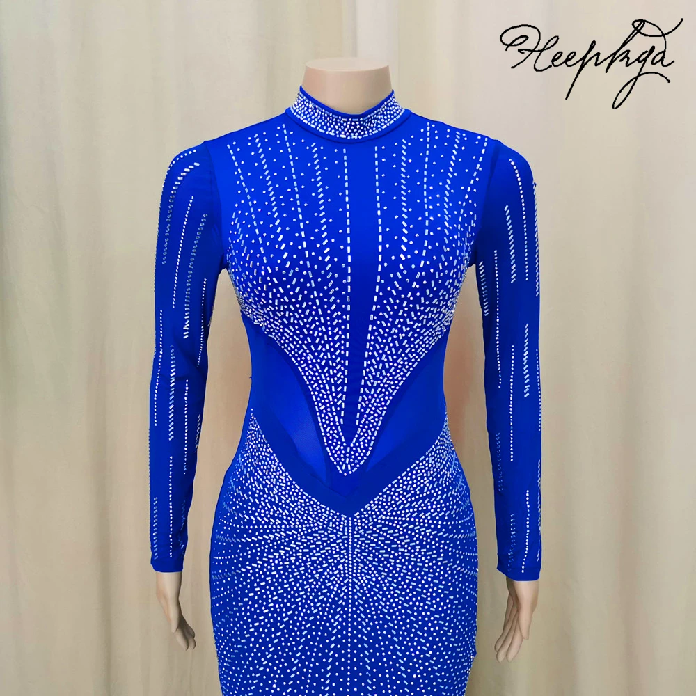 Long Sleeves Royal Blue Luxury Evening Dress High Neck Mermaid Chic Beading Crystals Women Prom Gowns For Wedding Party