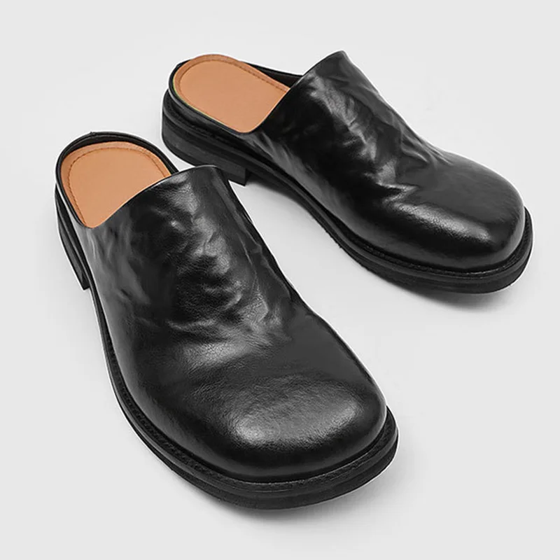 2026 Spring Autumn New Men Vintage Wrinkle Closed Toe Backless Mules Thick Sole Casual Commuter Slip On Shoes