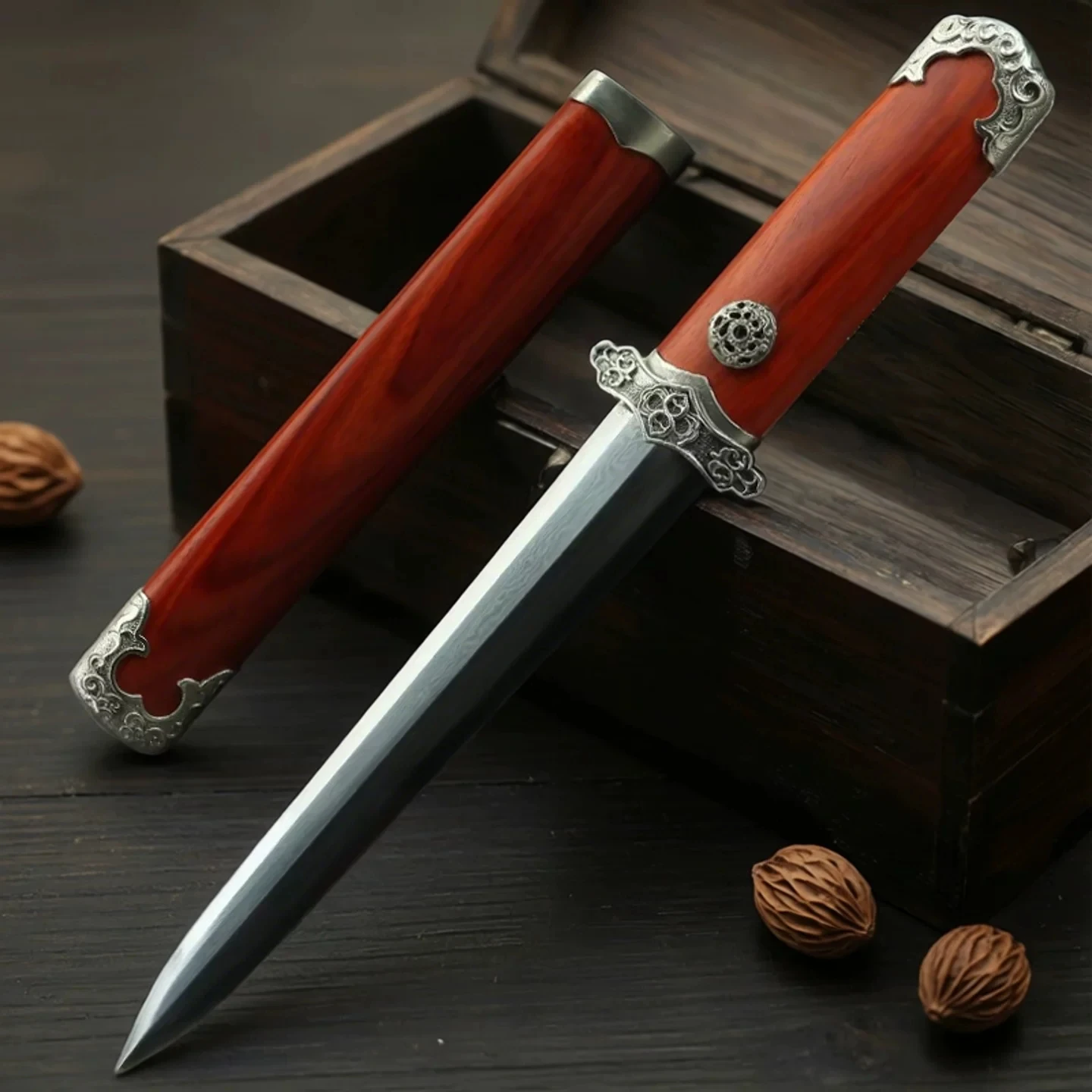 Sandalwood Mini Short Jian Sword Antique Silver Floral Relief Alloy Fittings Natural Red Scabbard Tiny Pocket Straigh Sword