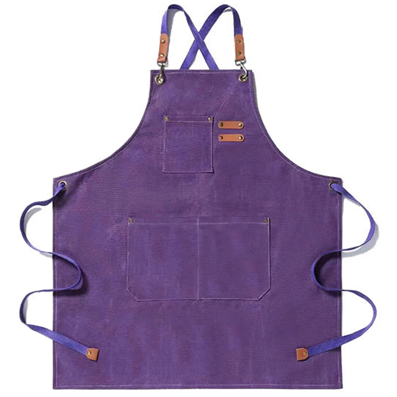 Canvas Kitchen Apron for Men Women Chef Cooking Apron Back 3 Pockets(Purple)