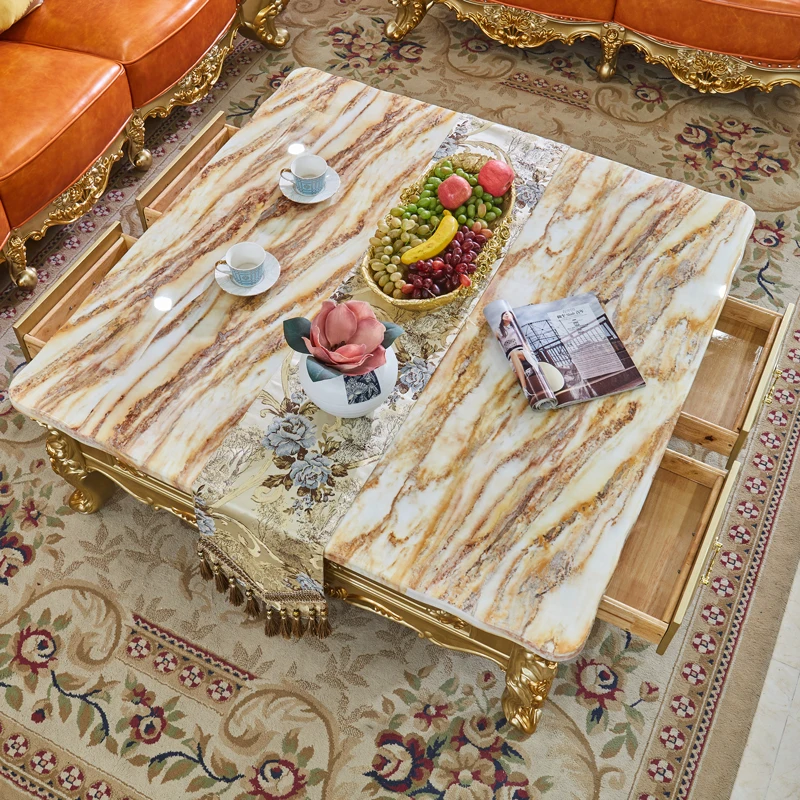 Square Coffee Table, Living Room, All Solid Wood Carved Luxury Gold Large Unit, Oversized Tea Table