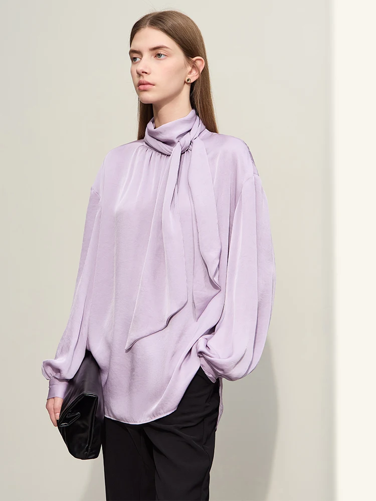 AMII Minimalism 2024 Spring Women Blouse New Light Luxury Stand Collar Lantern Sleeve Loose Chiffon Shirts Fashion Lady 12441094