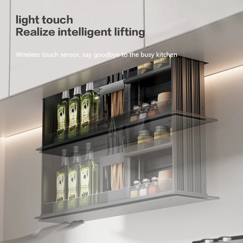 Kitchen Wall Cabinet Vertical Lifting Basket Electric Intelligent Voice and Touch Control Automatic Seasoning Basket Cabinet