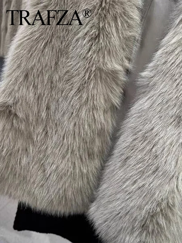 TRAFZA 2024 Women Faux Mink Fur Vest Solid Grey Sleeveless Vest Elegant Woman O-Neck Pocket Casual Slim Cardigan Coat Streetwear