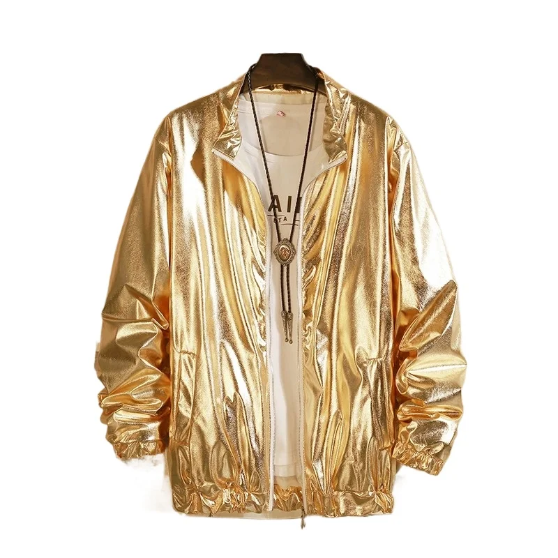 

Mens Windbreaker Jackets Nightclub Stage Party Jackets Costume Streetwear Harajuku Hip Hop Reflective Jacket Gold Fashion Coats