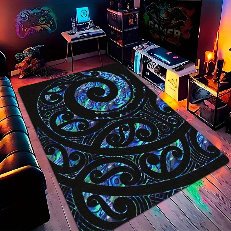 Tapete con patrón Paua Tattoo Koru, franela negra azul vibrante, ligero, lavable a máquina para decoración navideña de oficina en casa