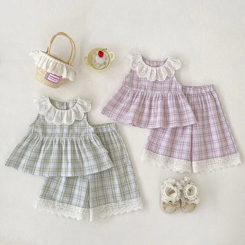 2026 New Summer 0-5Yrs Kids Clothes Set Sleeveless cotton Grid Splicing Vest+Pants Korean Style Baby Girl Clothes Suit