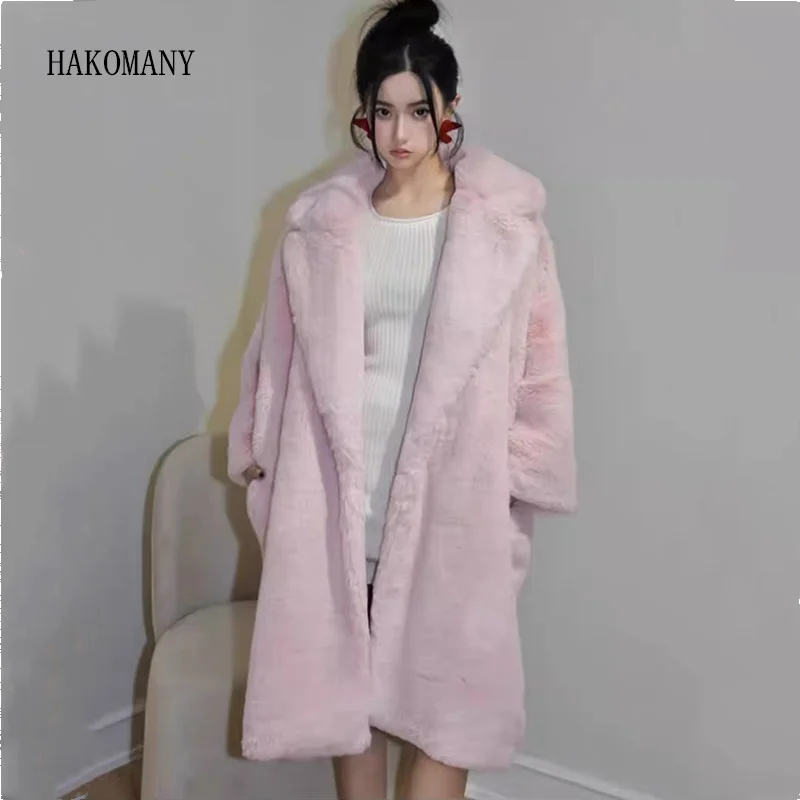 

2023 Women Midi Outerwear Gray Winter Pink Lapel Shaggy Soft Rabbit Faux Fur Coat Loose Long Sleeve Stay Warm Furry Jacket