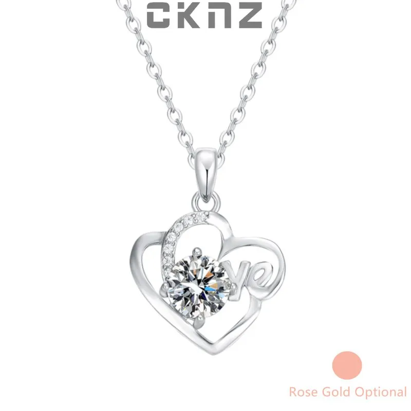 Certified Real 1.0 Ct Moissanite Diamond Sterling 925 Silver Pendant Necklace Rose Gold For Women LOVE CKNZ Jewelry