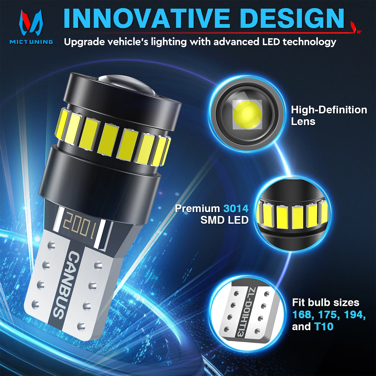 mictuning-10個入り-194-led電球-車用t10-led電球、3014smdチップセット-6000kホワイト-車内ドームライト、ドアライト、マップライト、ダッシュライト、カーゴライト用