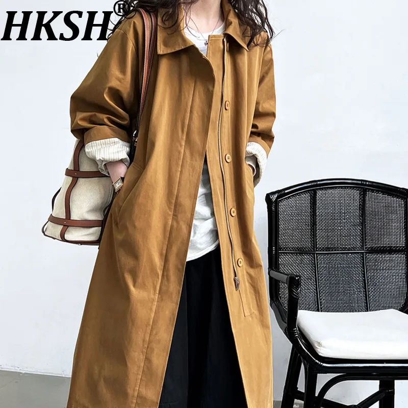 

HKSH Spring Autumn New Women Long Trench Coat Turn-down Collar Zipper Buttoned Cuff Striped Vresatile Chic Korean Jacket HK12200
