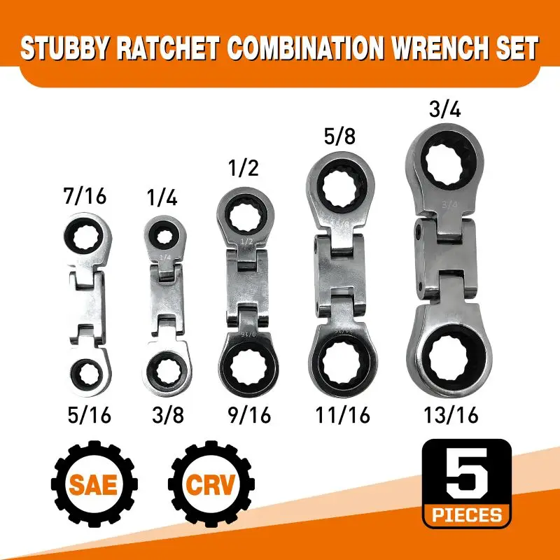 5pcs SAE Dual Flex Head Ratcheting Wrench Set, Double Box End, Flex-Head, Stubby SAE Combination Wrench Set