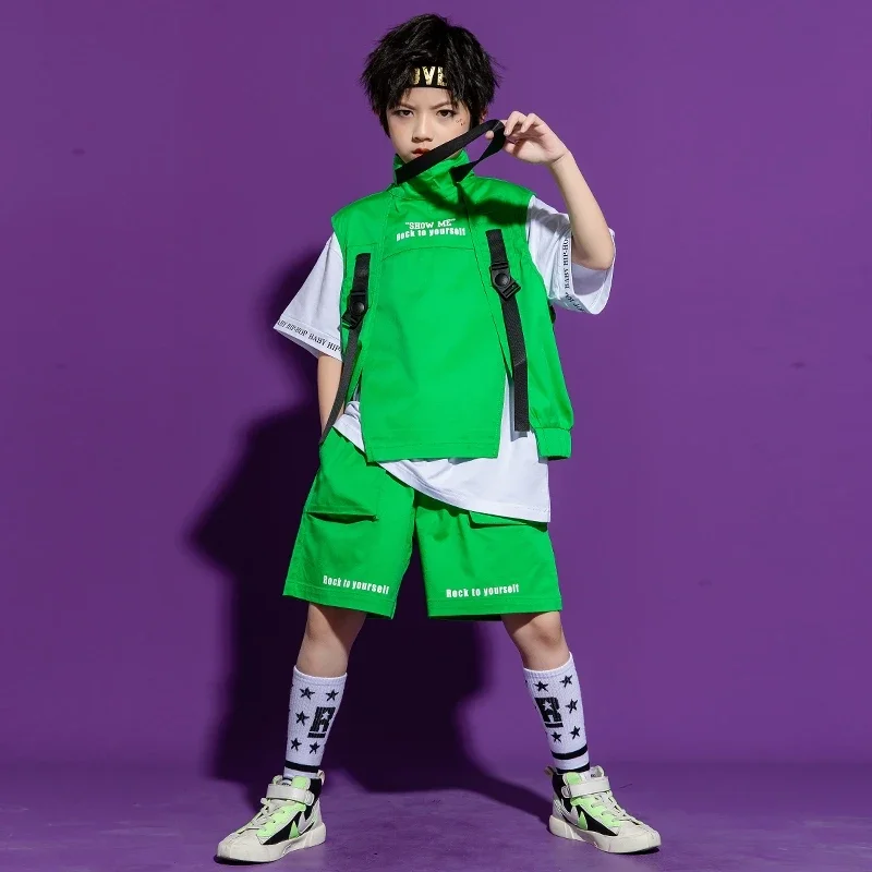 Traje de dança jazz infantil, roupas de verão para meninas, camiseta de manga curta, colete gola alta, shorts carga, streetwear, verde, hip hop