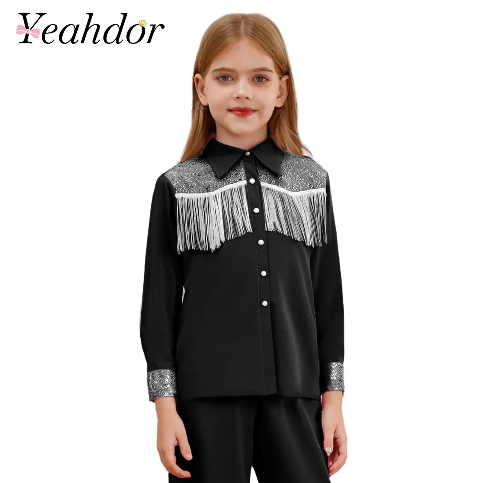 

Детская одежда, рубашка с бахромой и блестками для девочек, рубашки на пуговицах с длинными рукавами и лацканами, костюм на Хэллоуин в стиле вестерн, костюм пастушки