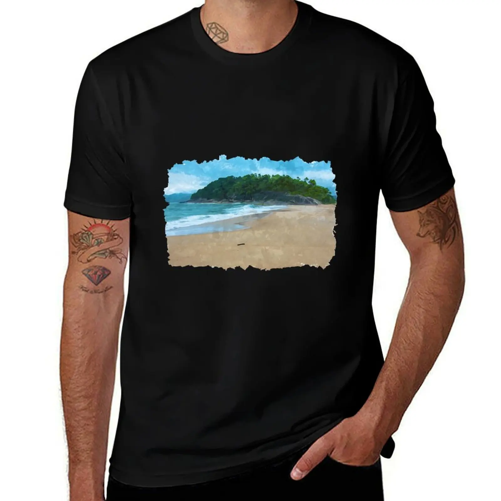 

Praia da Sununga near Ubatuba in Brazil in watercolor T-Shirt custom t shirt blanks boys whites Men's cotton t-shirt
