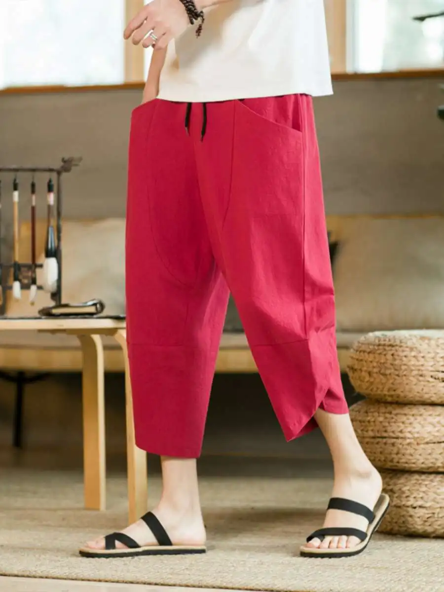 

Летние свободные шорты из льняной хлопковой смеси, мужские брюки длиной семь восьмых, тонкие дышащие пляжные брюки, удобные повседневные брюки