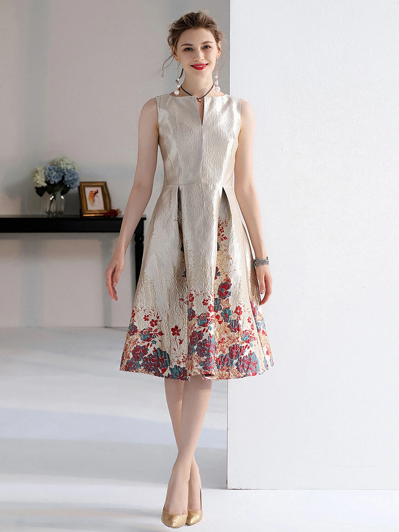 Devchata יוקרה נשים אופנה באיכות גבוהה jquard קו כדור שמלה ללא שרוולים מזדמנים בגדי נשים מזדמנים בגדי נשים