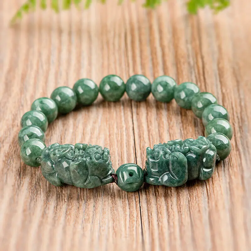 Natural 100% Grade A Green Jade Jadeite Double Dragon Son Pixiu Beads Bracelet