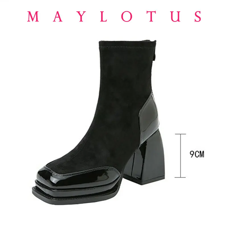

Vintage Square Toe 9 cm High Heel Ankle Boots Fashion Back Zippers Short Booties Autumn Winter Laides Concise Largas Booties