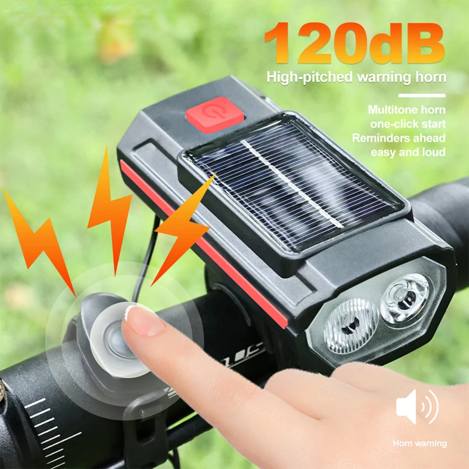 Solar Bicycle Light with  120dB TYPE-C Rechargeable MTB Road Bike Front Lamp Flashlight Bicycle Light 1200 mah