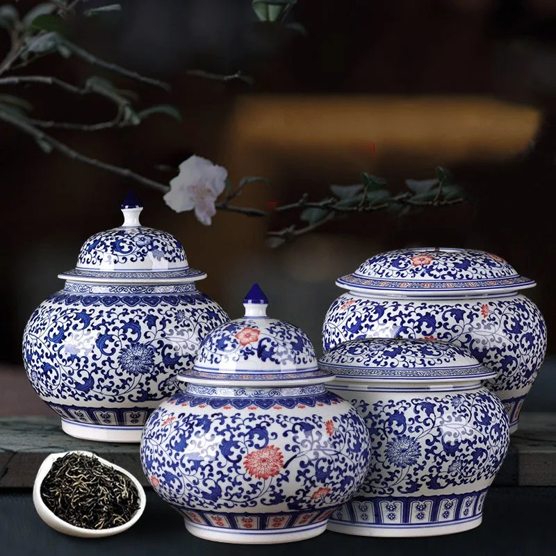 

Antique Blue and White Porcelain Tea Container Chinese Retro Ceramic Sealed Tea Organizer Office Coffee Table Desktop Storage