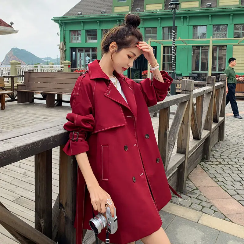 Hot Selling Red Windbreaker Women's Nice New Autumn Mid-length Hepburn Style Thin Trench Coat With Belt Loose Ladies Outwear 137