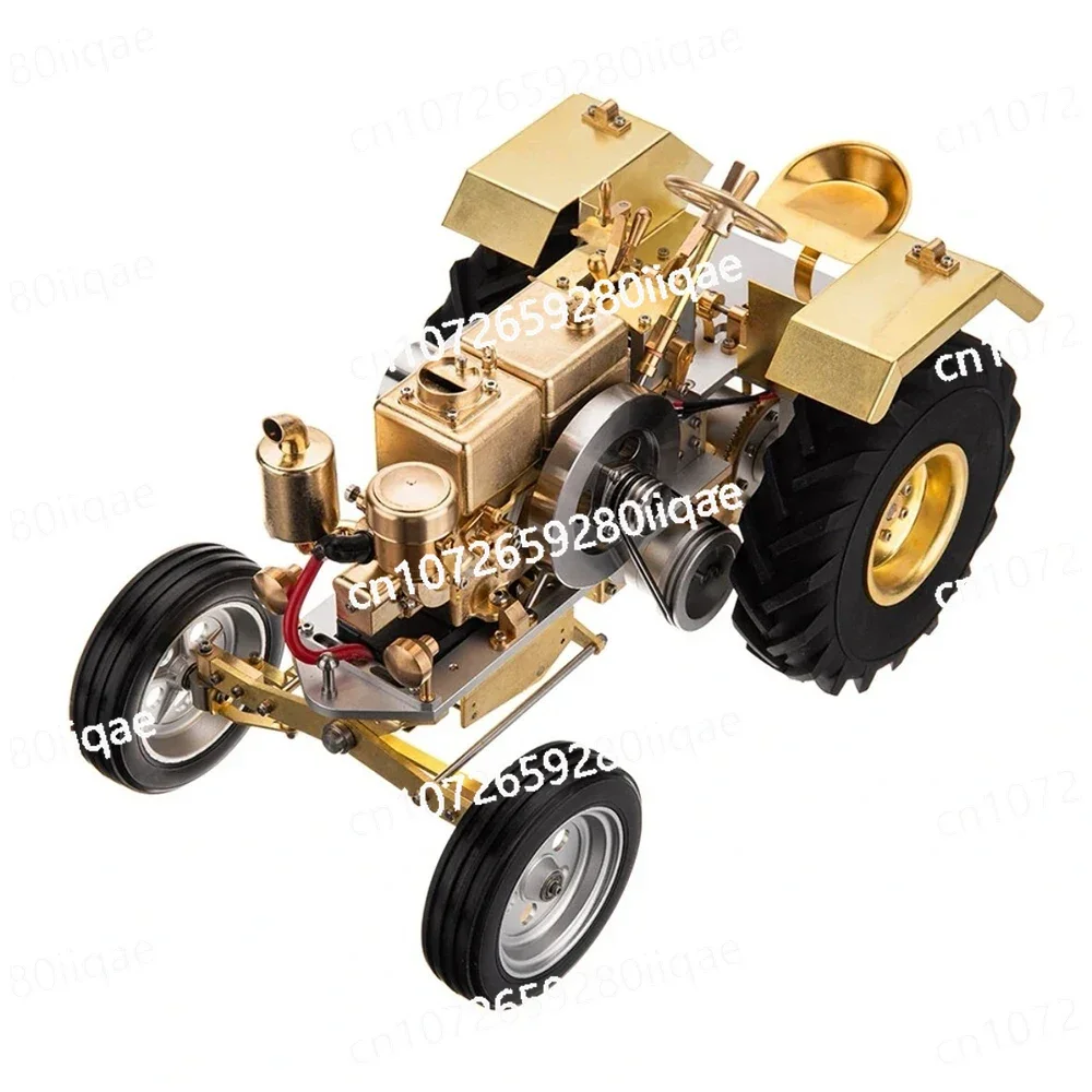 Brass Gas Powered Roller Tractor Vehicle Model with Mini Horizontal Water-cooled Engine Internal Engine Model