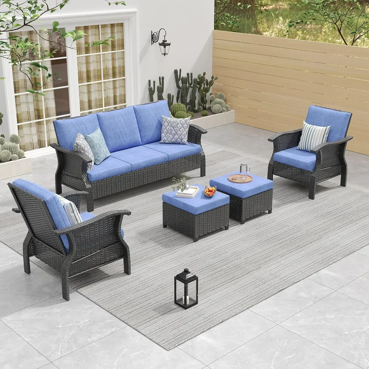 Manual Weaving Wicker Patio Furniture Set 5 Pieces High Back Patio Conversation Sofa Set , Garden, Balcony, Poolside Denim Blue