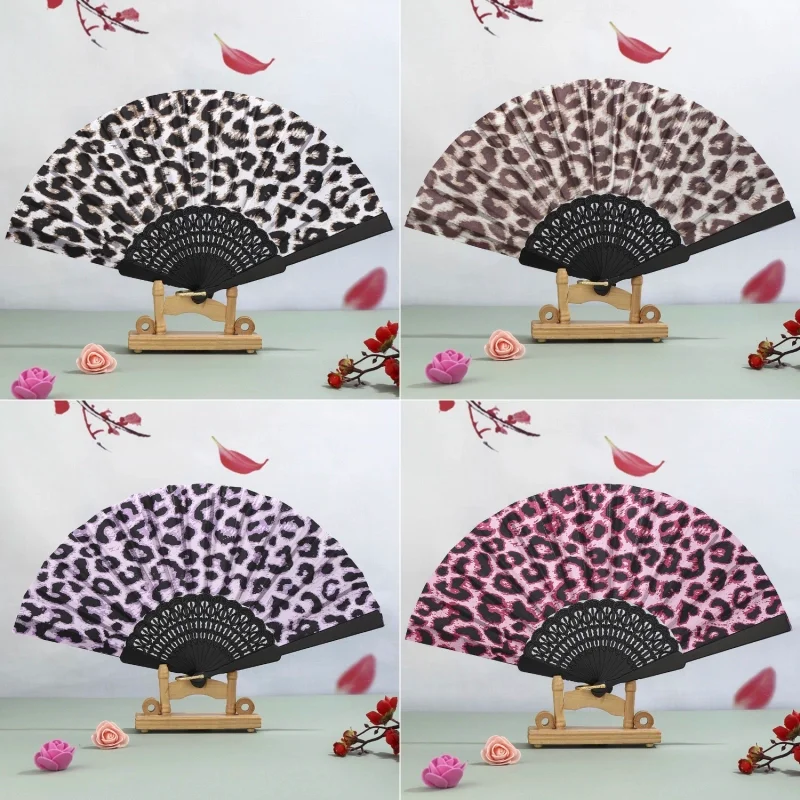 Black Handle Leopard Print Satin Fabric Folding Fan Iridescent Print Summer Cooling Daily Fan for Women Gift Photo Prop Fan