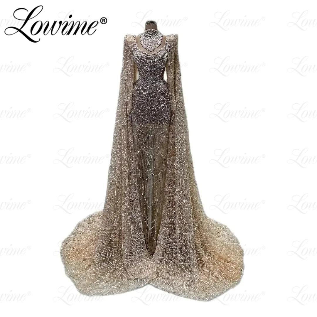 Robe de Mariée Musulmane Luxueuse à Manches sulf, Tenue de Soirée en Forme de Sirène avec Perles, Couleur Champagne, Personnalisée