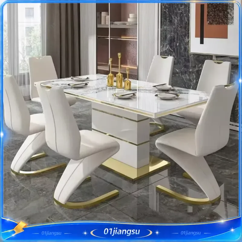 Modern Luxury Marble Square Dining Table Set with 4 or 6 Chairs Gold Metal Frame 6 Seater Restaurant Home Kitchen Furniture