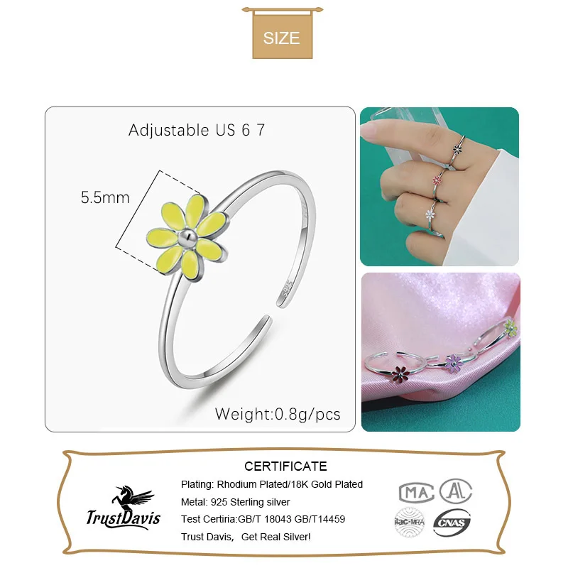 TrustDavis New Genuine 925 Sterling Silver Fashion Colour Glaze Flower Opening Ring For Women Wedding Party Fine Jewelry DA3014