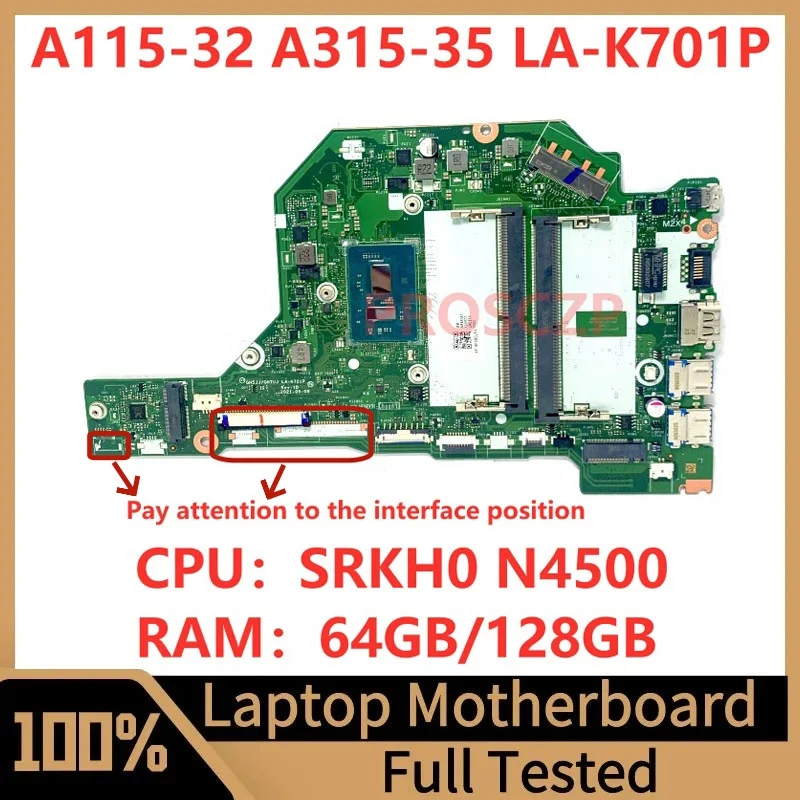 LA-K701P For Acer A115-32 A315-35 Laptop Motherboard NBA6M11008/NBA6M11004/NBA6W11003 With SRKH0 N4500 CPU 64GB/128GB 100%Tested