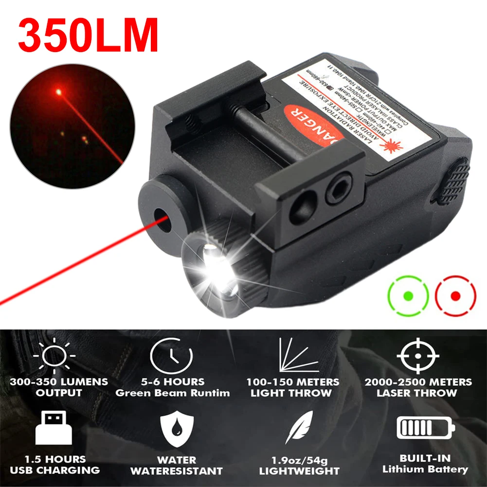 NEW Professional Measurement LED Red Dot Laser Sight Combo 350LM USB Rechargeable Pistol Flashlight for 20mm Picatinny Rail Moun