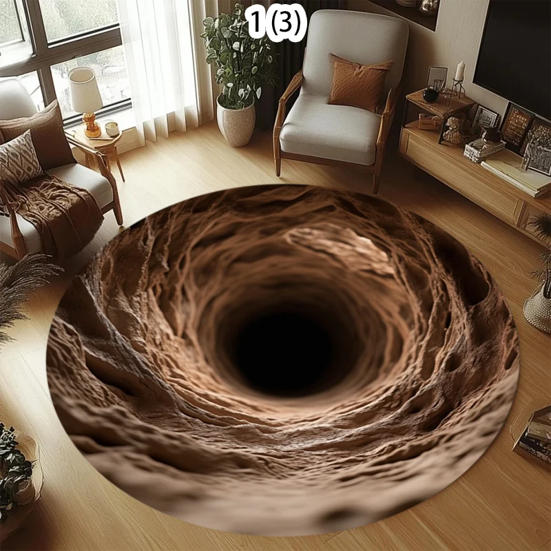 2D Cave Illusion Round Rug, Optical Illusion Rock Pit Print Floor Mat, Non-Slip Novelty Carpet, Fun Gamer Room Decor  Carpets