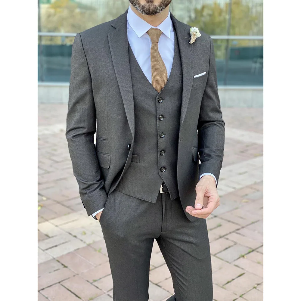 

Dark Gray Lapel Men's Suit Jacket Pants Vest 3 Piece Set with Pockets for Business and Leisure Parties