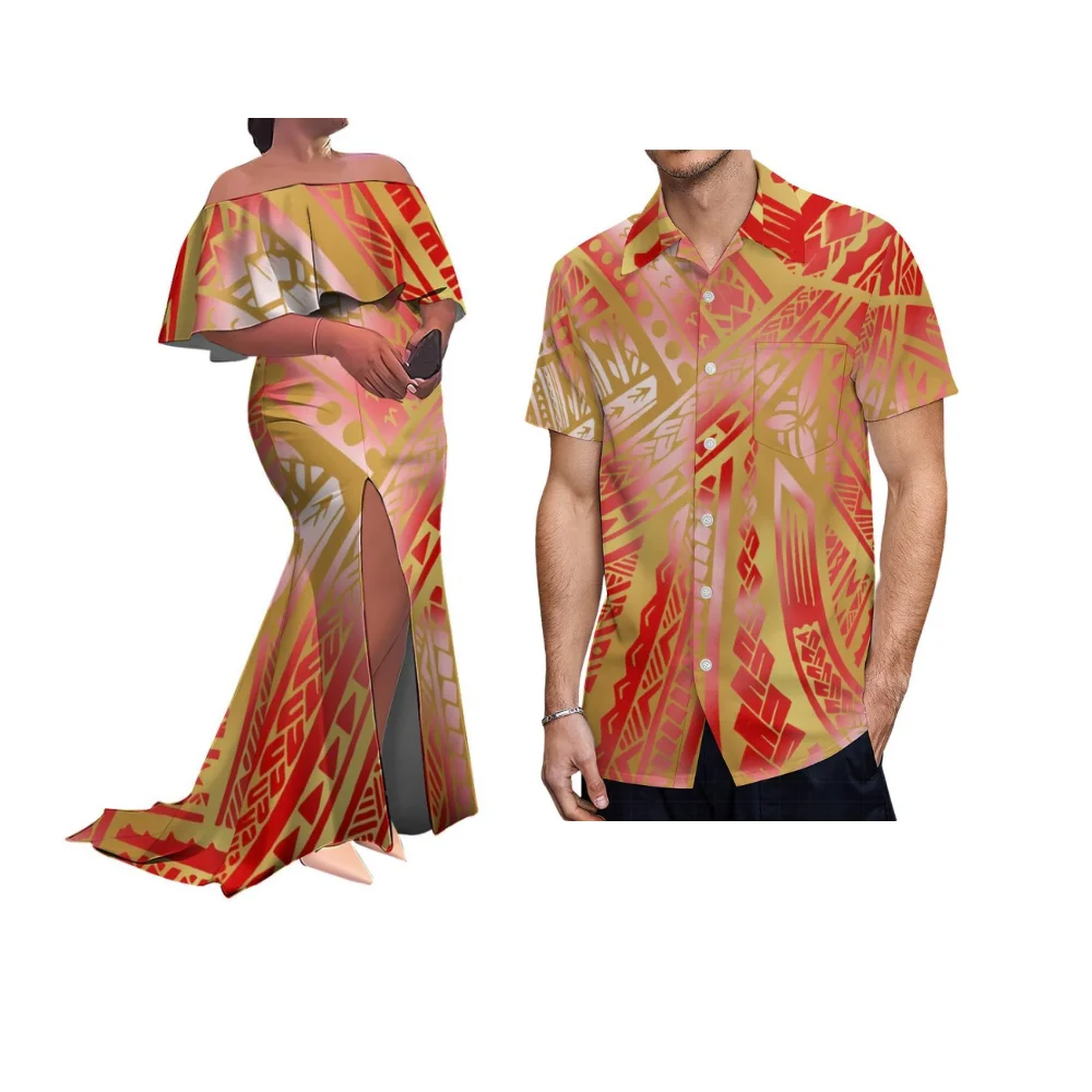 

Высококачественный индивидуальный пошив парных нарядов: полинезийское платье с открытыми плечами, юбка в пол с разрезом по низу для женщин