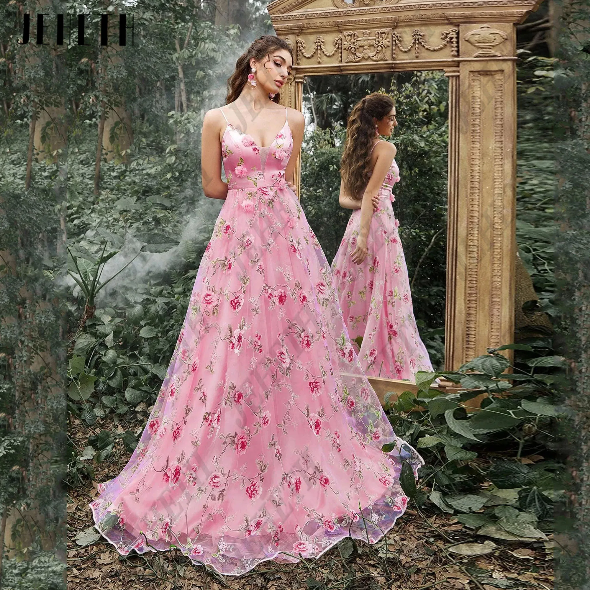 

JEHETH Elengant Straps Prom Dress Women 3D Flowers V-Neck Party Gowns Sleeveless Corset Formal Occasion Dresses Floral Print