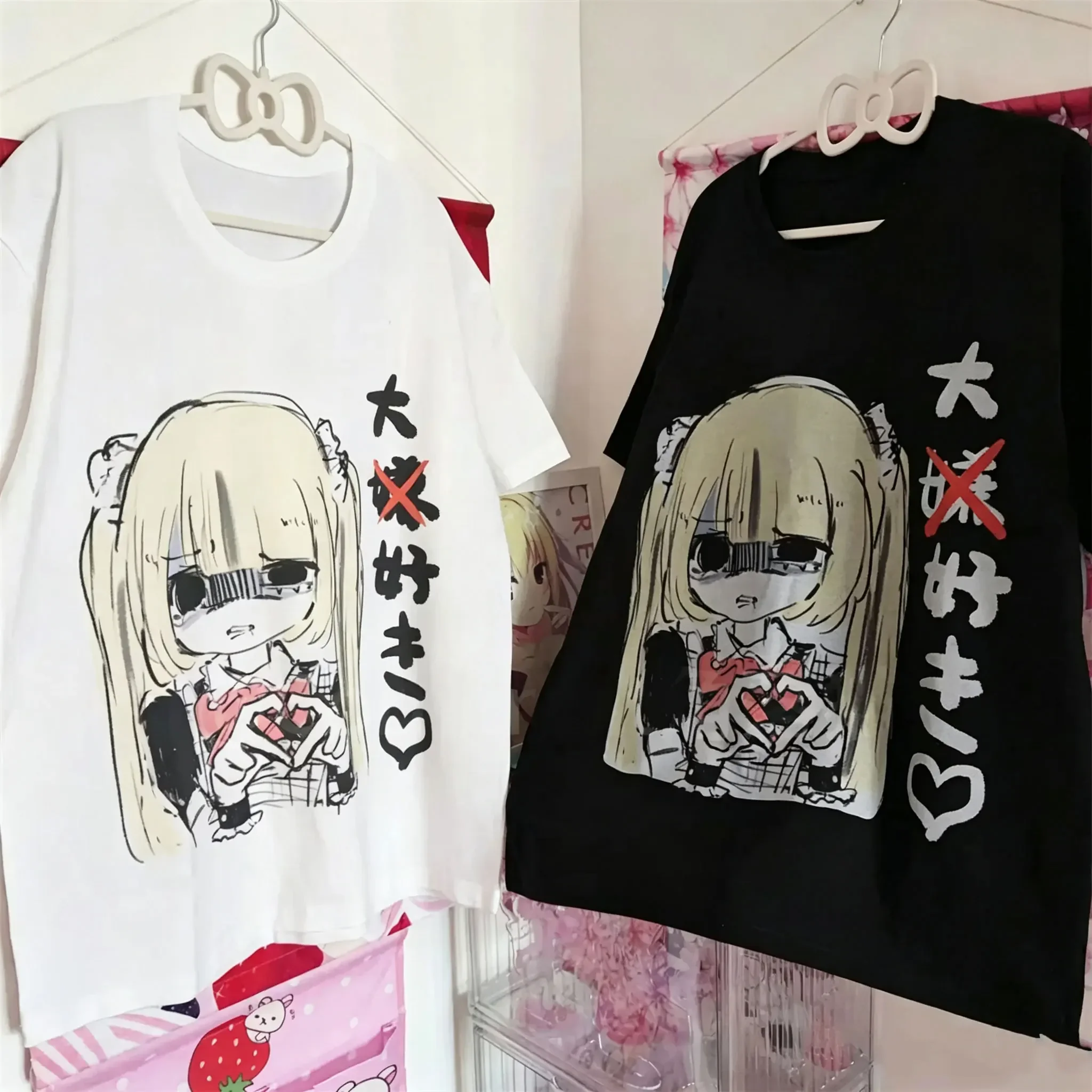 Japanisches Y2K Jirai Kei Kurzarm-T-Shirt für Damen, O-Ausschnitt, Cartoon-Print, lockeres Oberteil, reine Baumwolle, süßes Subkultur-Yami-Kawaii-Shirt – Detail 3
