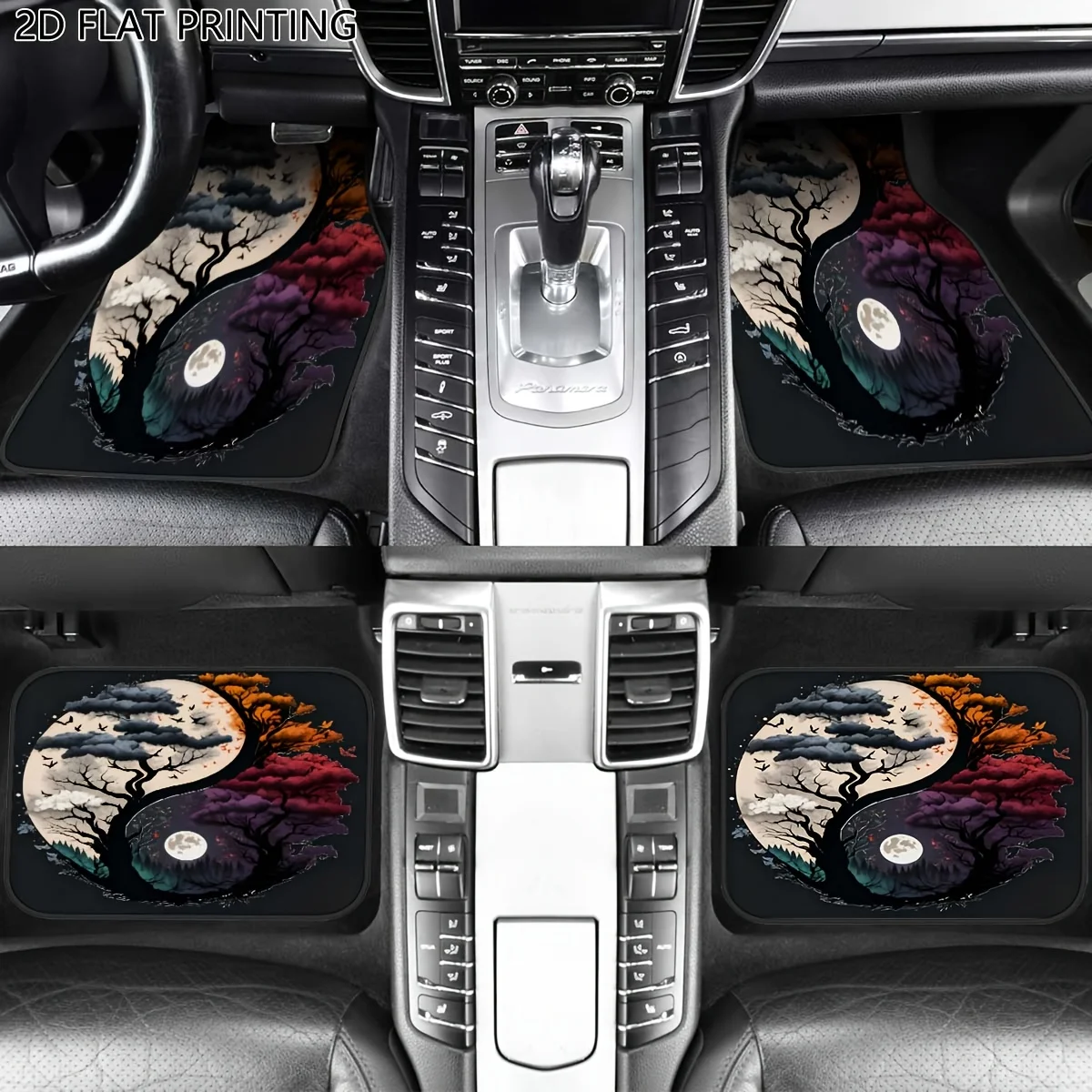 4pcs Car Floor Mat Set, Featuring 2D Flat Print Design With Yin Yang Tree Silhouettes And Moonlight Patterns. A Stylish Interior