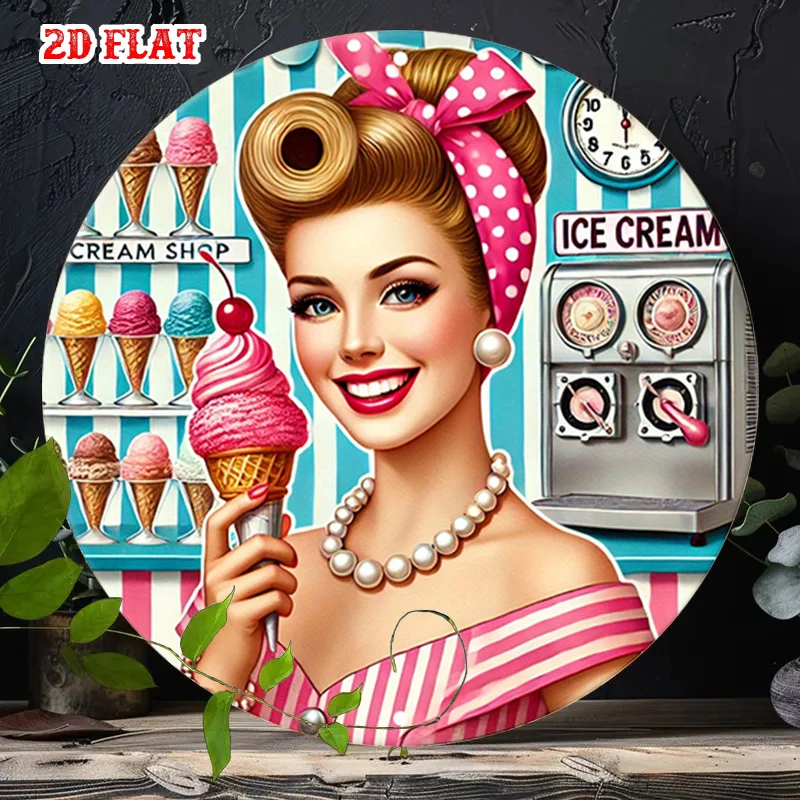 2D Flat, Vintage 1950s Diner Retro Ice Cream Shop Metal Wall Smiling Girl with Ice Cream Cone, White Necklace for Home, Cafe