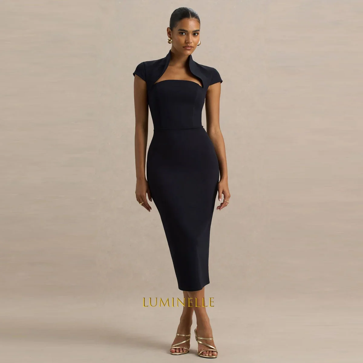 Crepe Evening Dresses Column Sheath Midi Dress For Women Short Sleeve Tea Length فساتين سهرة Black Simple Party Dress Customized