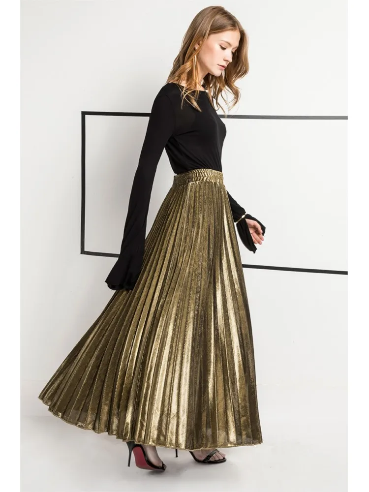 Spring Summer Elegant Pleated Maxi Skirt Women Elastic High Waist Golden Big Hem Skirt Slimming Skirt Work Leisure Travel Wear