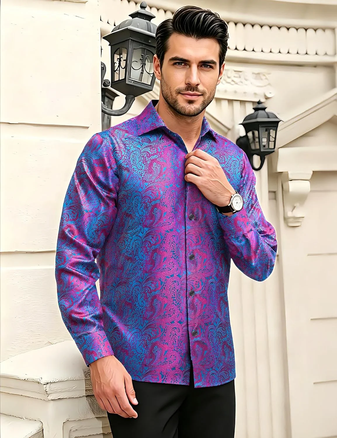 2026 Men's Light Luxury Satin-feel Polyester Long-sleeve Shirt with Multiple Colors Hidden Pattern Print for Wedding Party Top