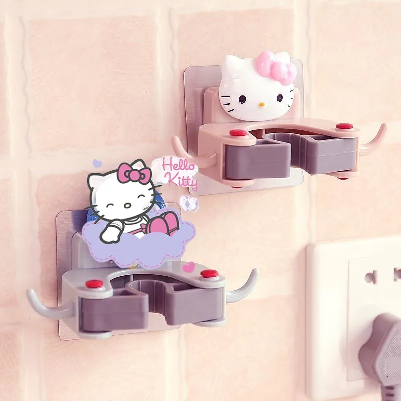 Sanrio Hello Kitty Mop Clip Non-marking Bathroom Hooks Wall-mounted Multifunctional Broom Hanging Rack Hook Storage Organizer