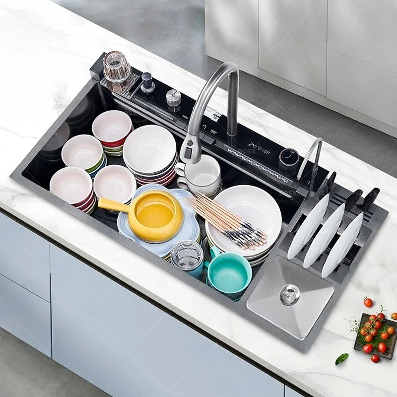 Kitchen Sink Large Size Single Slot With Trash Can and Draining Rack