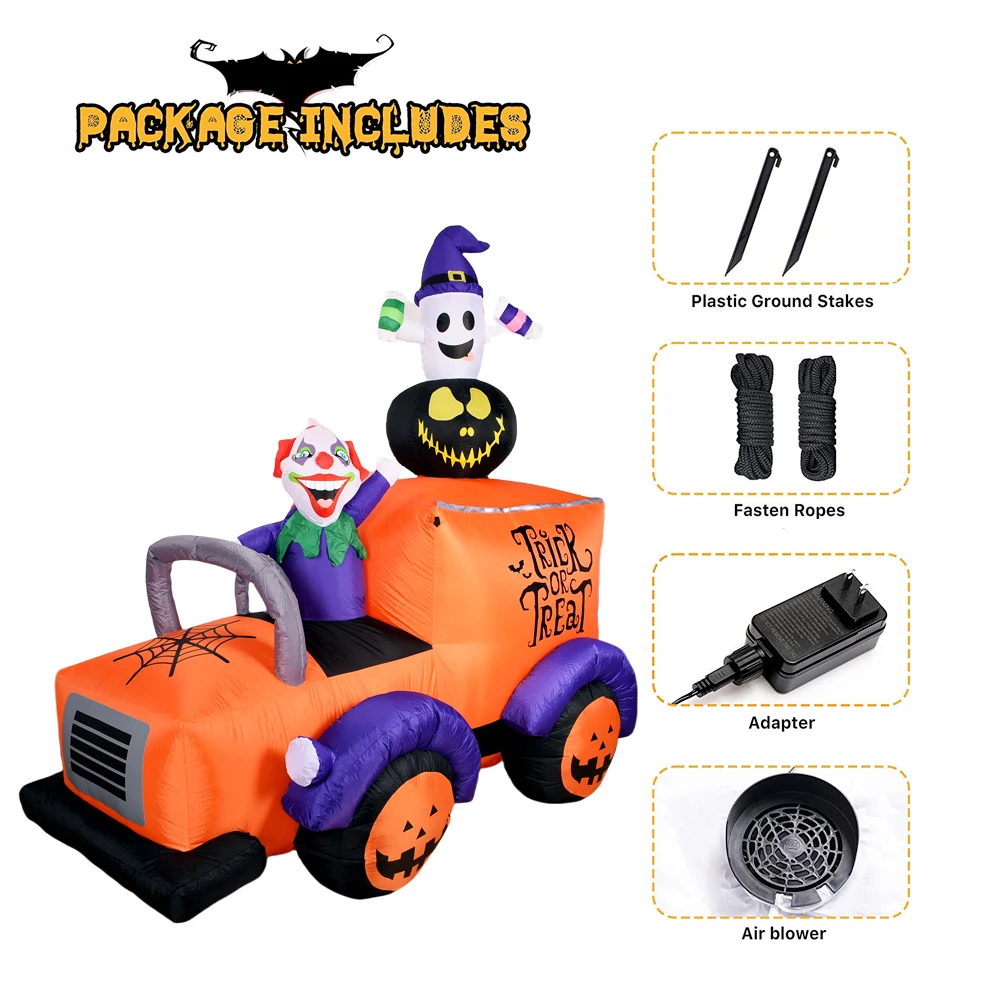 Giant Halloween Inflatable Truck Blow Up Clown Driving Pumkpin Car Built-in LEDs for Outdoor Yard Lawn Holiday Party Decoration