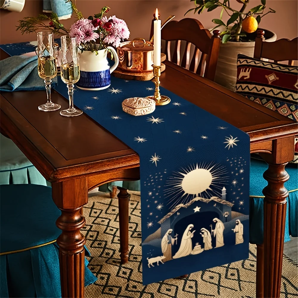 Christmas Jesus Nativity Linen Table Runner Table Decor Washable Winter Xmas Kitchen Dinning Table Runners Christmas Decoration