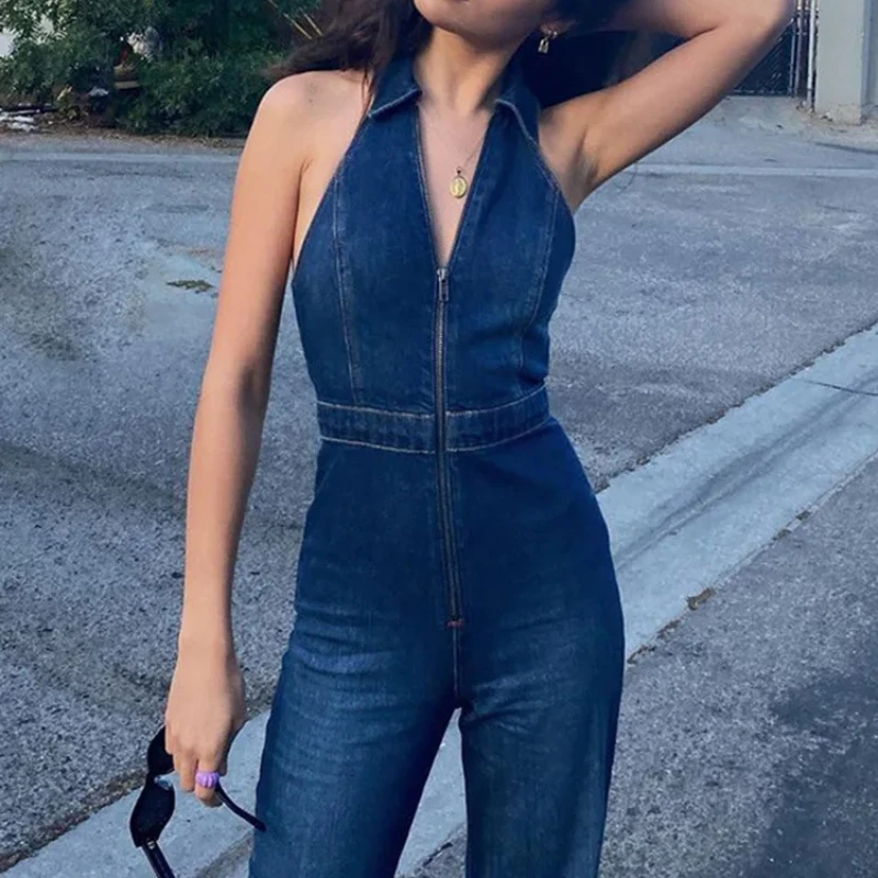 Summer Women's  V Neck Zipper Sleeveless Sexy Slim Fit Fashionable Retro Street Hottie High Waisted Denim Straight Cut Jumpsuit